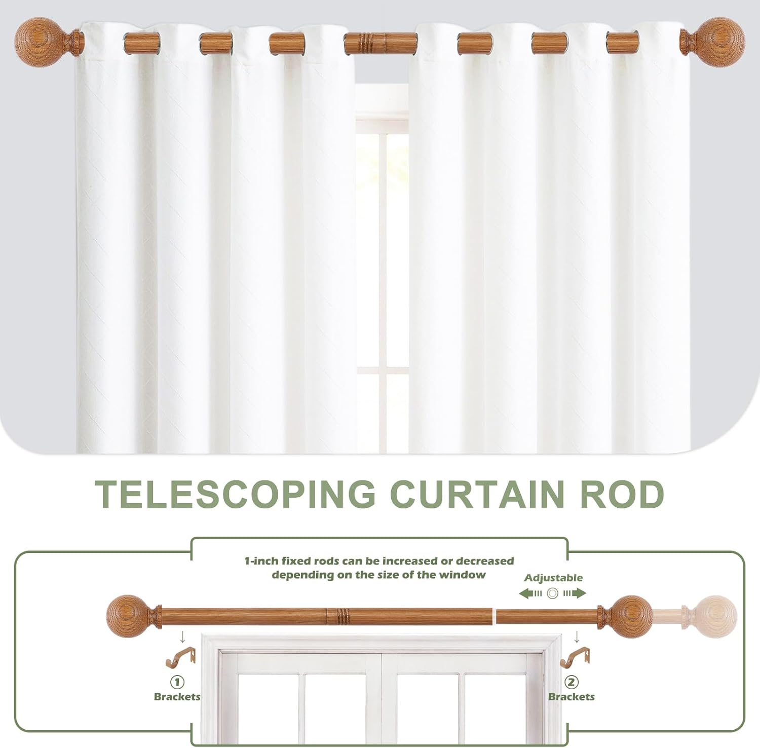 2 Pack Wood Curtain Rods for Windows 28 to 48 Inch,1 Inch Wood Grain Ball Adjustable Curtain Rod,Boho Heavy Duty Curtain Rods,Farmhouse Rustic Window Curtains Rods,Brown Drapery Rods Set 18-45"