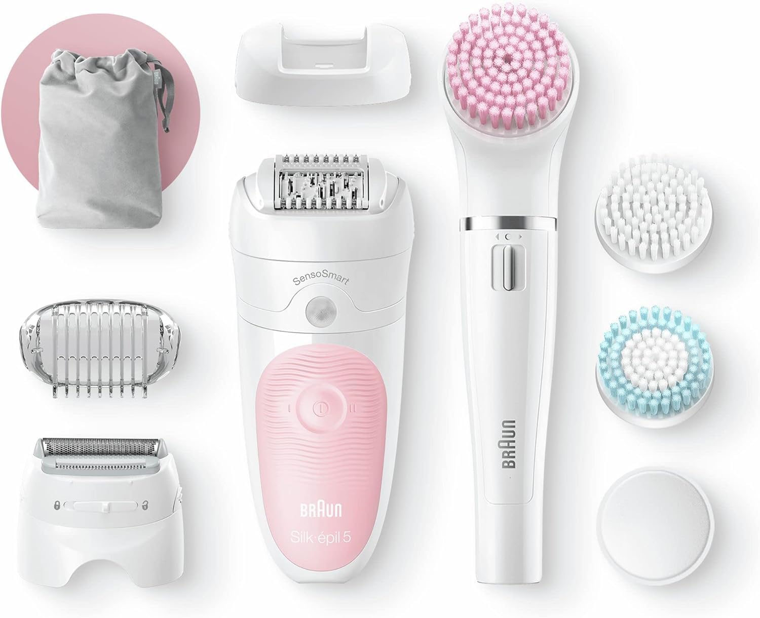 Braun Silk-épil 5 zestaw kosmetyczny, depilator dla kobiet/depilator, nasadki do golenia, peelingu, oczyszczania twarzy i ciała, torba, 5-895, biały/flaming