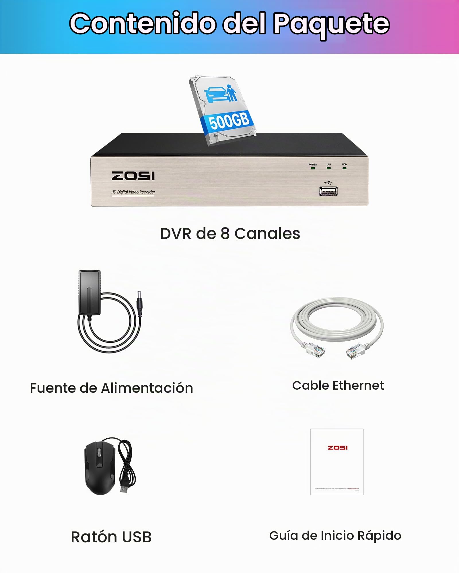 ZOSI Grabador de vídeo Digital 8CH 1080P H.265+ DVR con Disco Duro de 500 GB, Entrada BNC Cableada, 4 en 1 TVI/AHD/CVI/grabadora de vigilancia analógica CCTV, Salida HDMI VGA