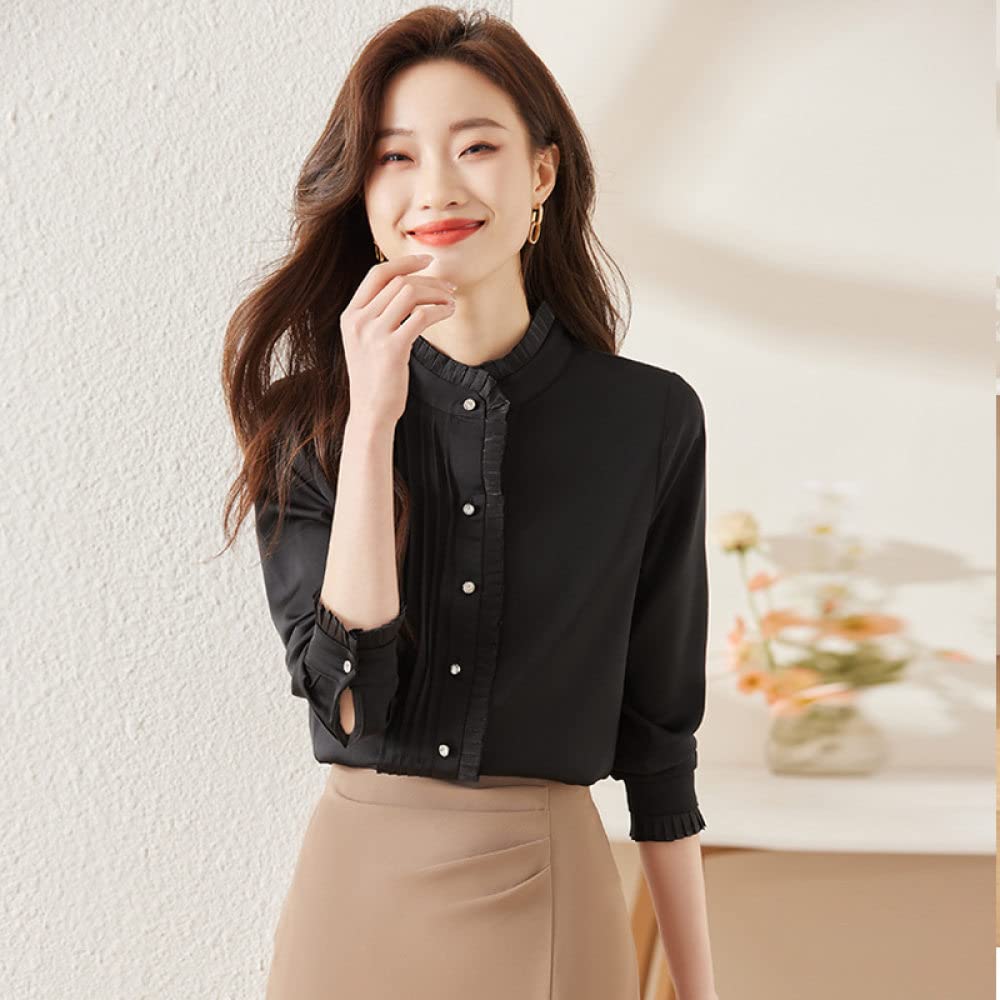 Langarmshirt Damen,Damen-Chiffonhemd Schwarz Rüschen Geraffte Nähte Streifen-Design Elegante Alltags-Freizeitbluse Langarm-Button-Down-Blusen Lässige Tunika-Oberteile