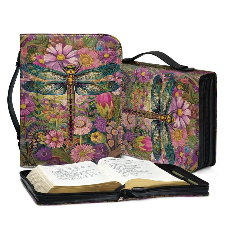 Kuiaobaty Vintage Dragonfly Flowers Book Cover for Women Folk Art Dragonflies Floral Handle Bible Case with Inside Pen Pocket,Bookish Gift - Image 4