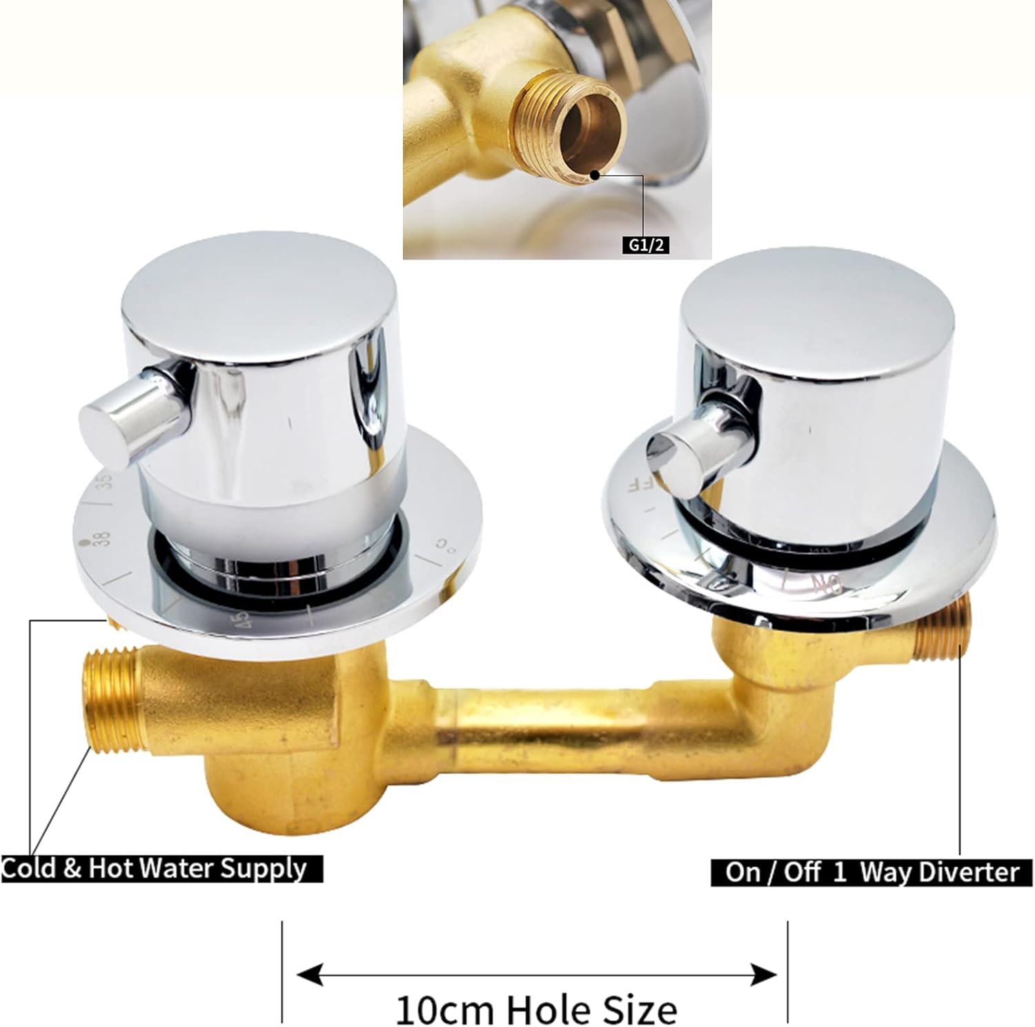 G1/2" Brass Thermostatic Shower Faucet 1 Way Output Bathroom Diverter Control Shower Cabin Thermostat Mixer Tap with ON/OFF Switch Valve, Brass Cartridge, Dual Handle, Surface Polished (Faucet)