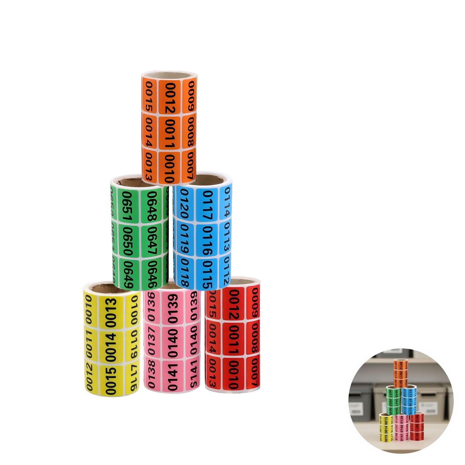 6 rouleaux d'étiquettes numérotées en papier kraft, étiquettes autocollantes à numérotation consécutive, rouge orange jaune vert bleu rose, pour inventaire, organisation et rangement