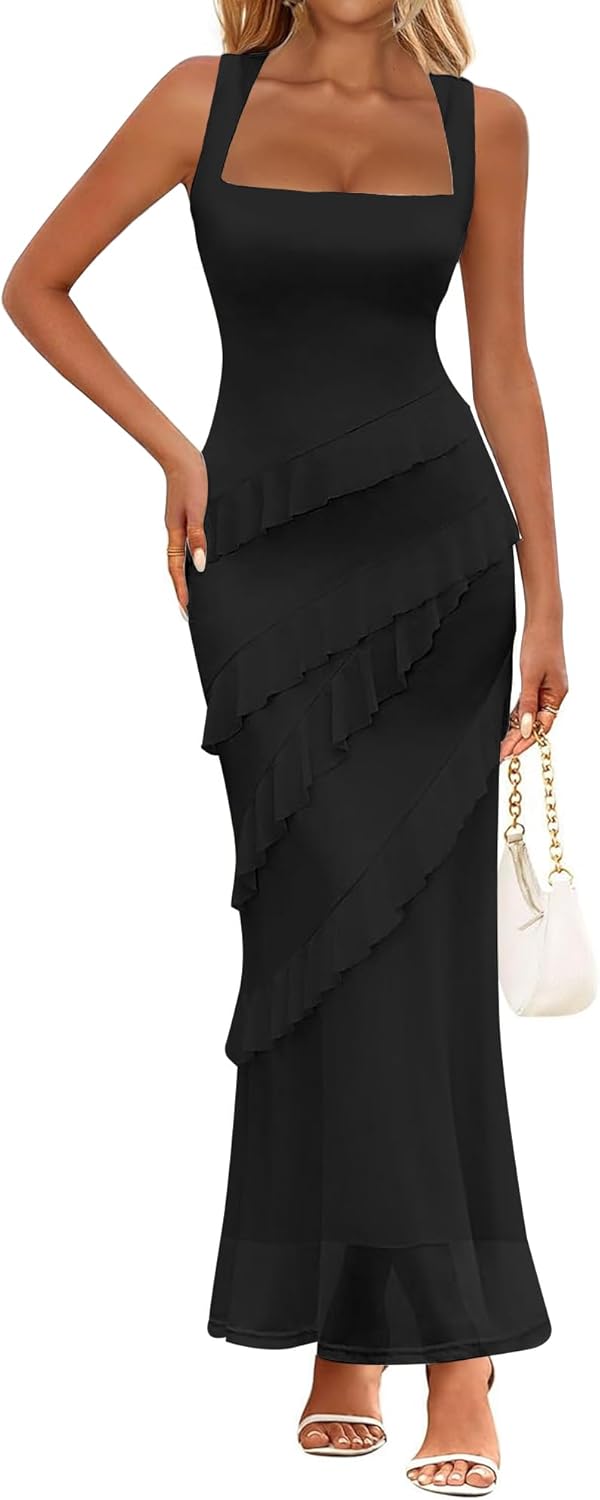 HOCILLE Women's Sexy Bodycon Square Neck Maxi Dresses Elegant Sleeveless Ruffle Cocktail Party Dress