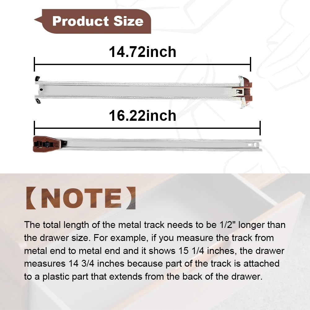 2 Packs Drawer Slides Center Track for Kenlin Rite-Trak II Rails Kit, 16 Inch Drawer Metal Slides with Stop & Roller, Replacement for Dresser Nightstand Wardrobe Cabinet Drawer Tracks and Rails Kits