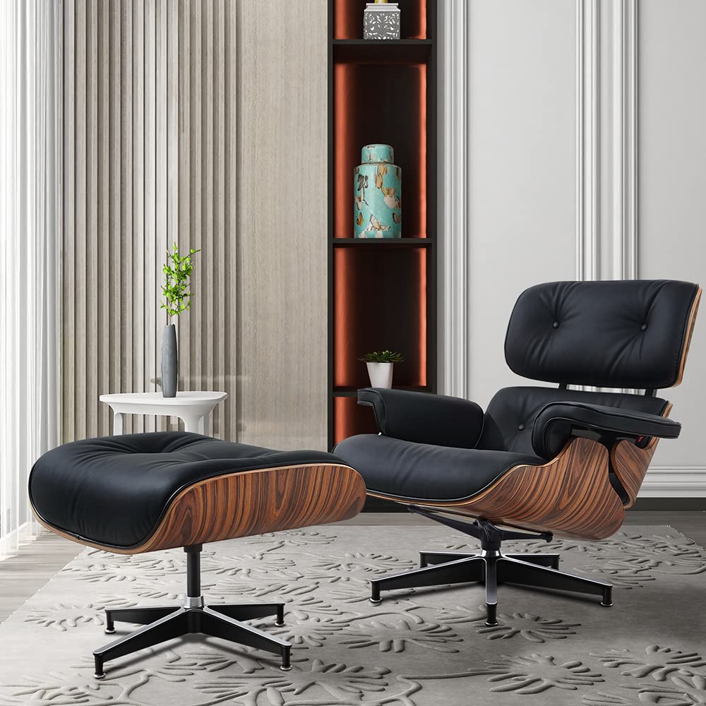 Buy (Upgrade) Aniline Leather Lounge Chair with Ottoman, Mid Century Recliner Replica with 8