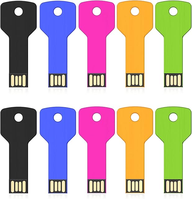 JUANWE 16 GB USB Flash Drive, Pack of 10, Key Shape Memory Stick, Metal Waterproof, 16 GB USB Flash Drive, USB 2.0, Colourful Pendrive Flash Drive for Laptop, PC (Black, Pink, Green, Gold, Blue)