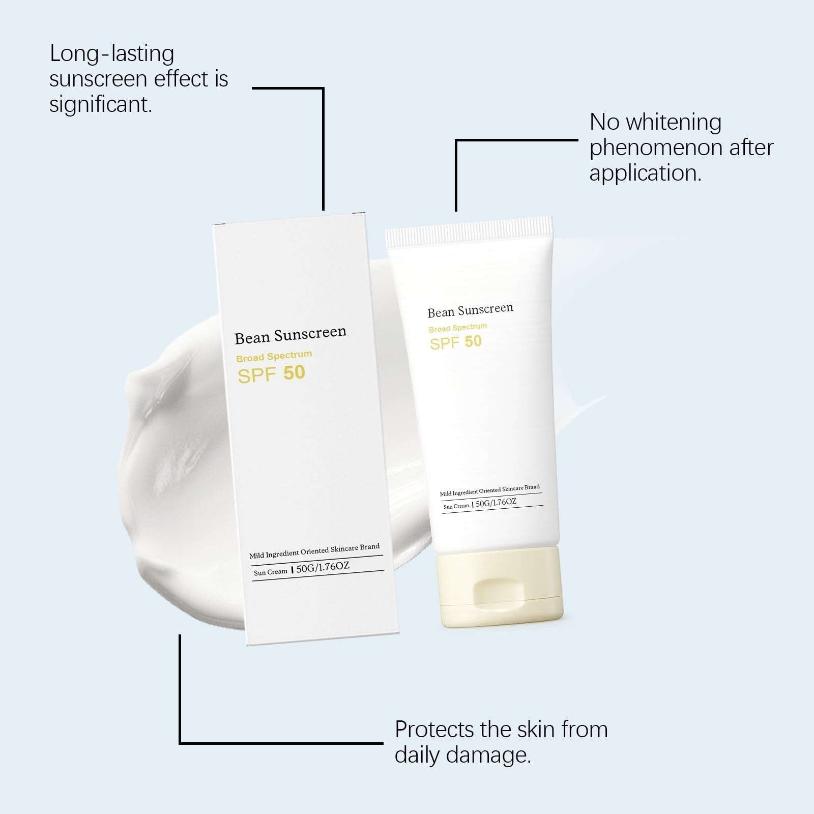 Crème solaire SPF50 visage,protection UV large spectre sans blanc, légère, collagène, niacinamide, acide hyaluronique, non gras quotidien, tous types peau