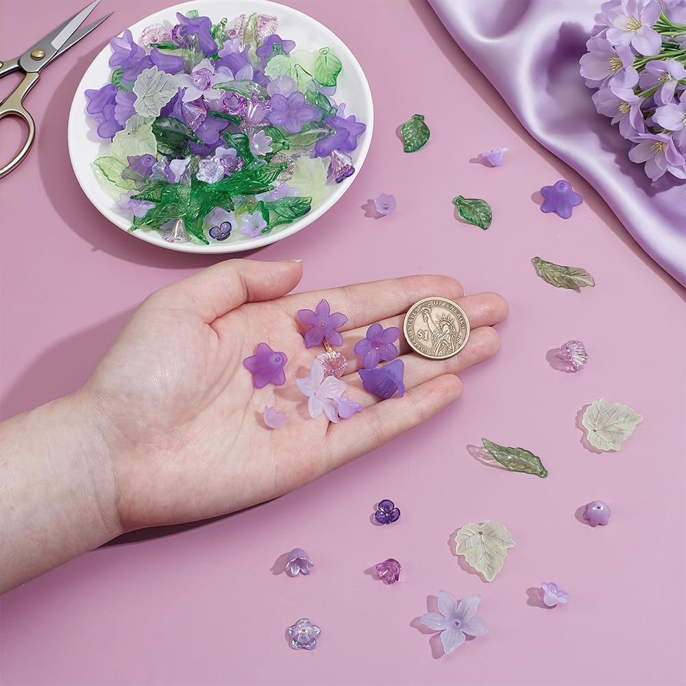 NBEADS About 543 Pcs Frosted Acrylic Assorted Beads Kit, 450 Pcs Acrylic Flower and Leaf Beads 87-93Pcs Faceted Glass Beads Jewelry Making Supplies Kit for Earring Bracelets Making, Purple Series image 3