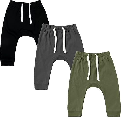 SOBOWO Paquete de 3 pantalones deportivos para bebé recién nacido, harén de algodón, para niños y niñas, 0-3T entrelazados, 195 GSM