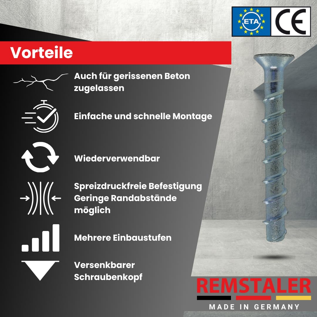 100x Remstaler BETONSCHRAUBE Senkkopf mit Torx-Antrieb | STAHL VERZINKT | ETA Zulassung | made in GERMANY | Schraubanker (6x80)