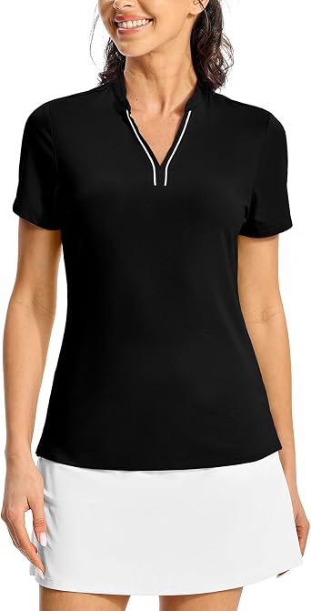 BGOWATU Womens Golf Polo Shirts Short Sleeve Collarless Y-Neck Tennis Tops Quick Dry UPF 50+ Workout Shirt Lightweight