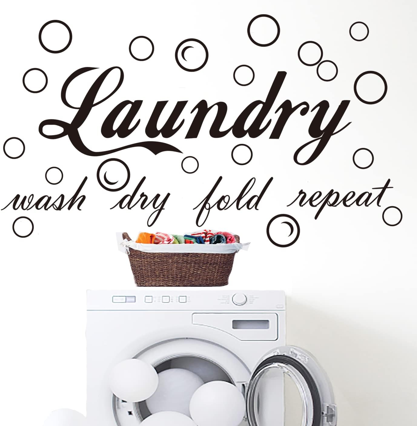 23 Pieces Characteristic Laundry Room Vinyl Wall Decal Saying Wash Dry Fold Repeat Wall Sticker Bubble Sticker Decals Laundry Art Signs Wall Quote Sticker for Decoration (19.7 x 15 inches)