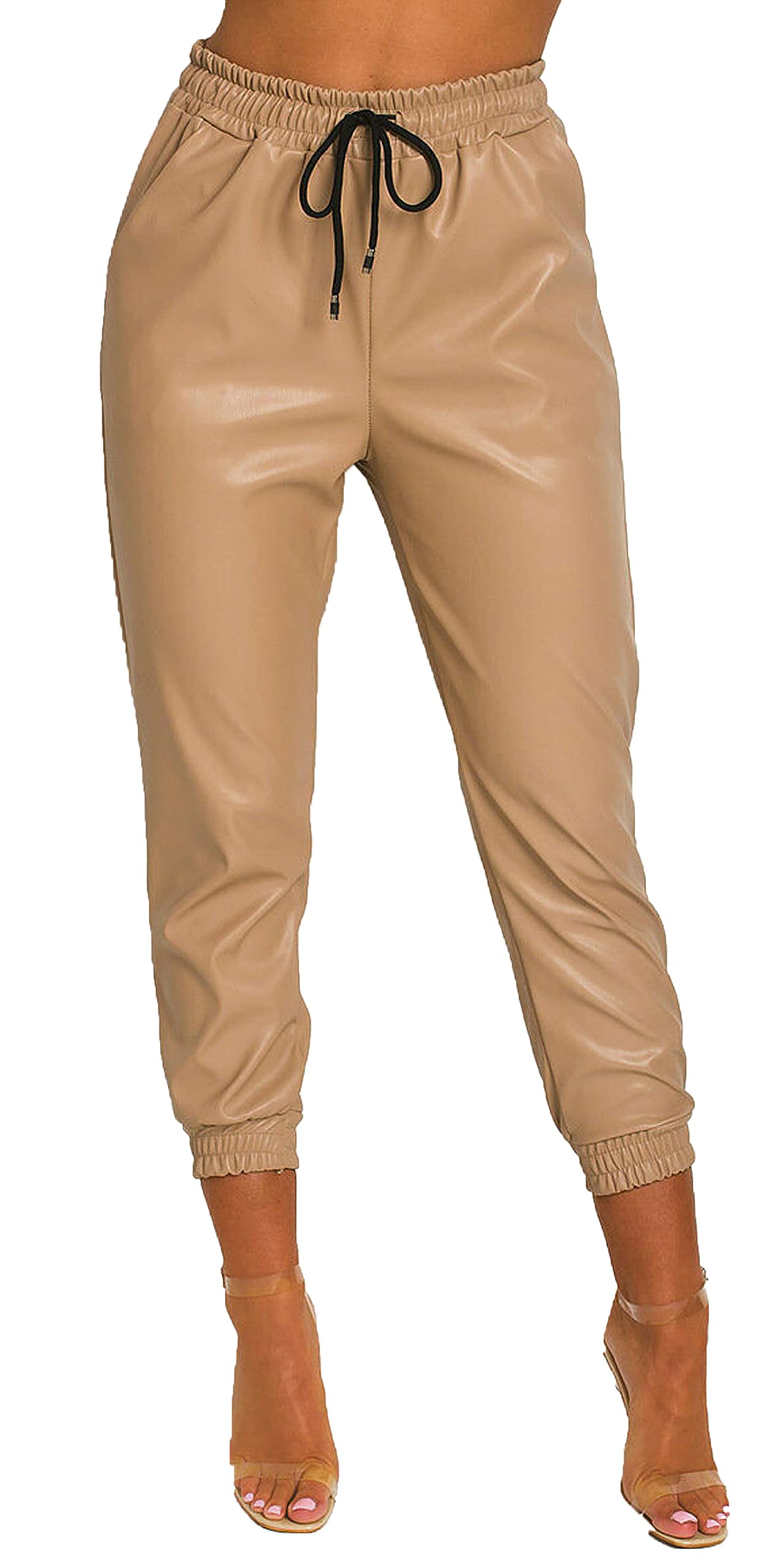 FashionwiseWomens Ladies Faux Leather High Waist Joggers Jogging Bottoms Pants Trousers