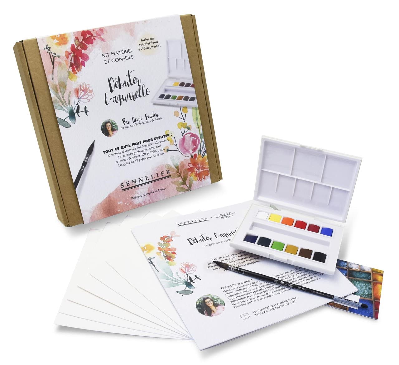Sennelier Peinture Aquarelle.SET DECOUVERTE - fleuri .kit Marie Boudon et 2 cartes postales