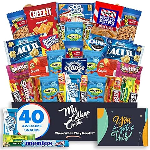 Student Encouragement - Snack Box (40 Piece Variety Gift Basket Care Package) Peanuts, Candy, Chips, Granola Bars & More - My College Crate Cover