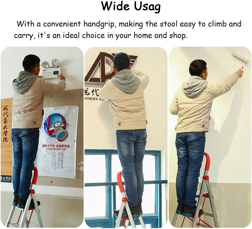 OKUOKA Ladders,3 Step Step Ladders with Handrail, Lightweight Small Folding Stepladder with Anti-Slip Sturdy and Wide Pedal, 150Kg/Silver