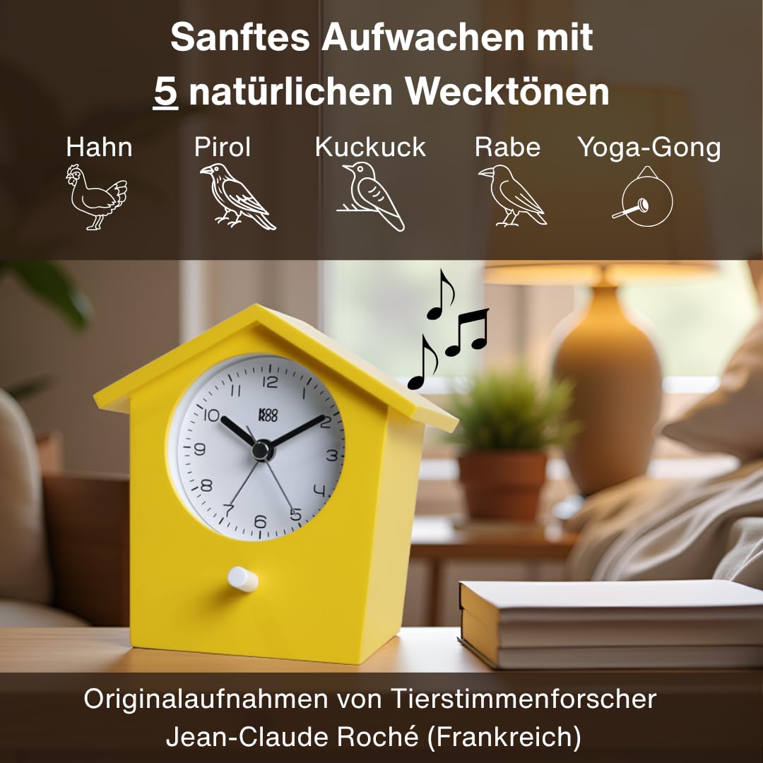 KOOKOO EarlyBird Gelb, Wecker mit Vogelmelodie (Originalaufnahme) oder Dreiklangton