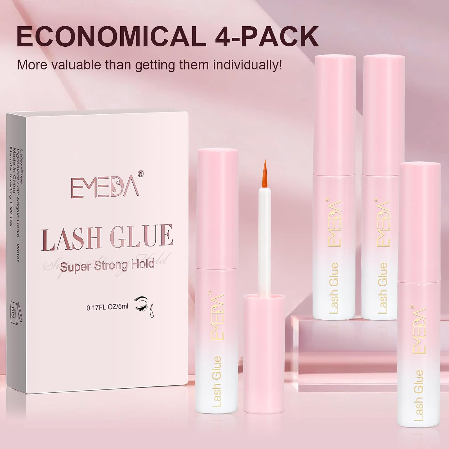 EMEDA Eyelash Glue 4Pcs 20g/0.68 oz Clear Lash Glue, Waterproof, Super Strong Hold, Latex Free, Hypoallergenic, Formaldehyde-Free White Strip Eyelash Adhesive EMEDA