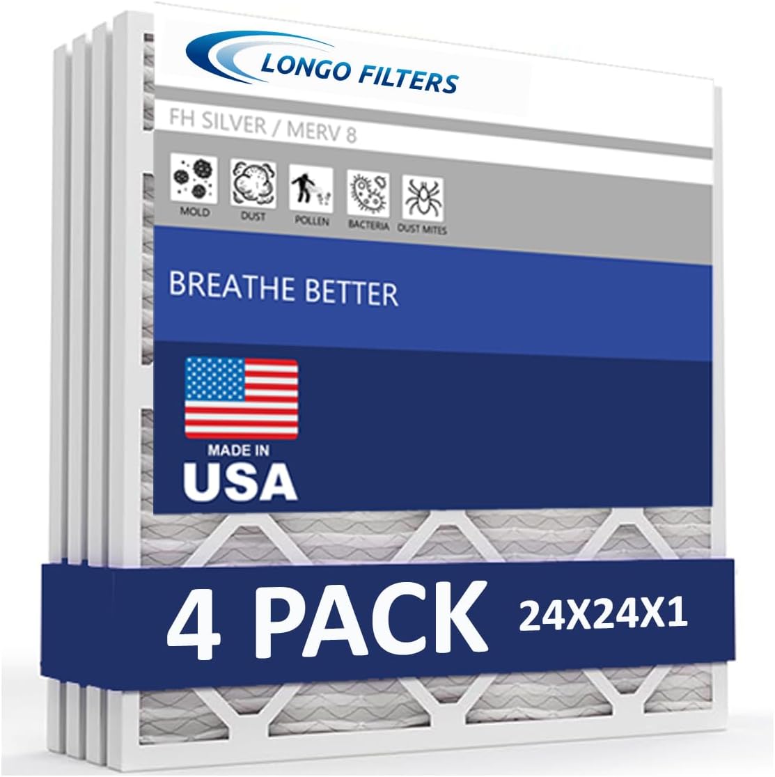 Longo Filter 24x24x1 Air Filter MERV 8 (4Pack) MADE IN USA Dust