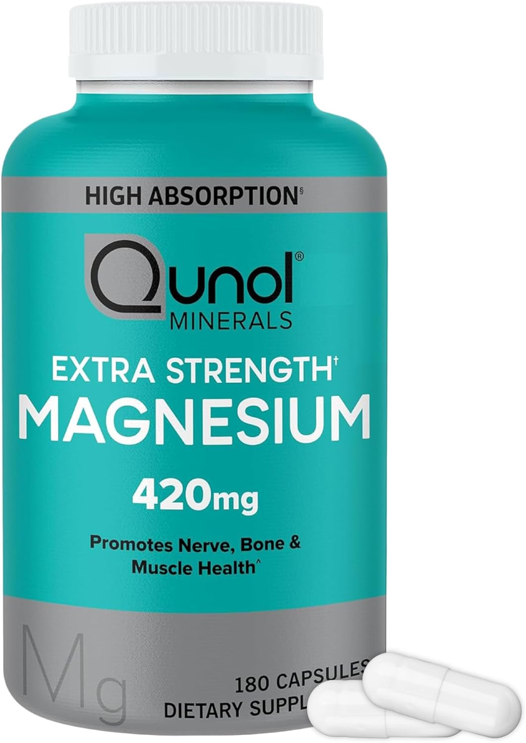 Qunol Magnesium Capsules 420mg, 100% DV, High Absorption Magnesium Supplement, Extra Strength, Bone and Muscle Health Supplement, 180 Count Qunol Magnesium Capsules 420mg, 100% DV, High Absorption Magnesium Supplement, Extra Strength, Bone and Muscle Health Supplement, 180 Count