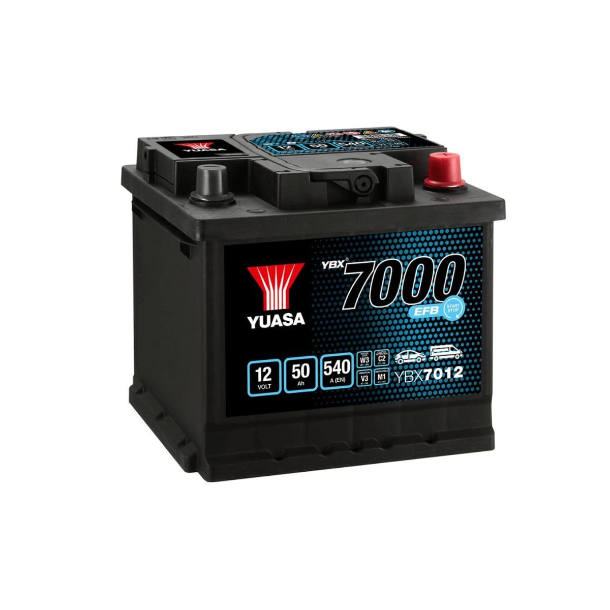 YUASA Batterie 50, Ah 540, A/EN YBX7012 L 207mm B 175mm H 190mm Compatible avec FIAT 500 3 portes 312, VW Polo VI AW1, BZ1, SKODA FABIA NJ3, SUZUKI VITARA LY, SEAT IBIZA V KJ1