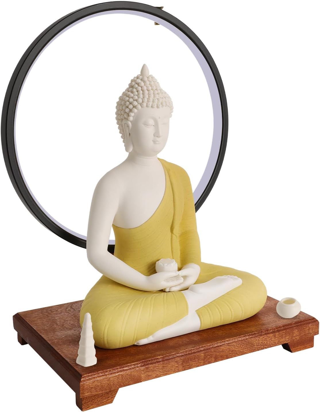 12 Inch Buddha Statue with Circle Table Lamp Ceramic Meditation Indoor Decor for Home and Office (White, Yellow)