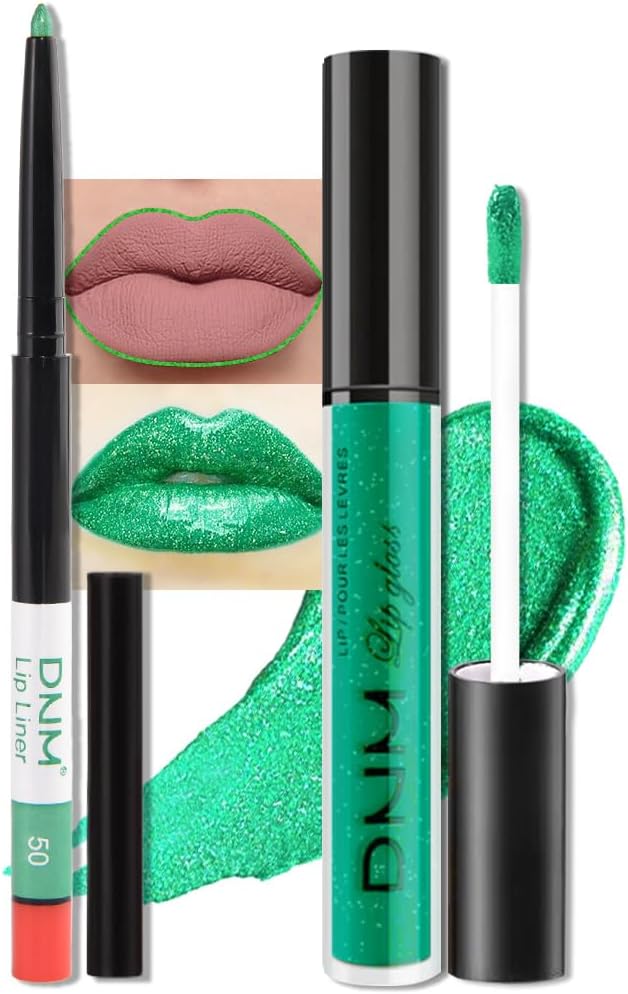evpct 2Pcs Green Shimmer Glitter Shiny Liquid Lipstick Lip Gloss Stain and Retractable Lip Liner Makeup Set for Women Long Lasting Waterproof 24 Hours Lipstick labial mate larga duracion 24 50#