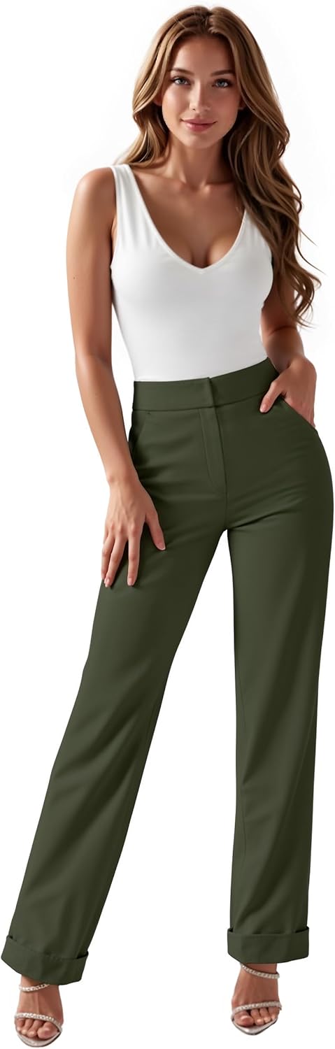 Hybrid & Company Womens High Waist Refined Straight Leg Fit Pants Business Casual Trousers with Pockets