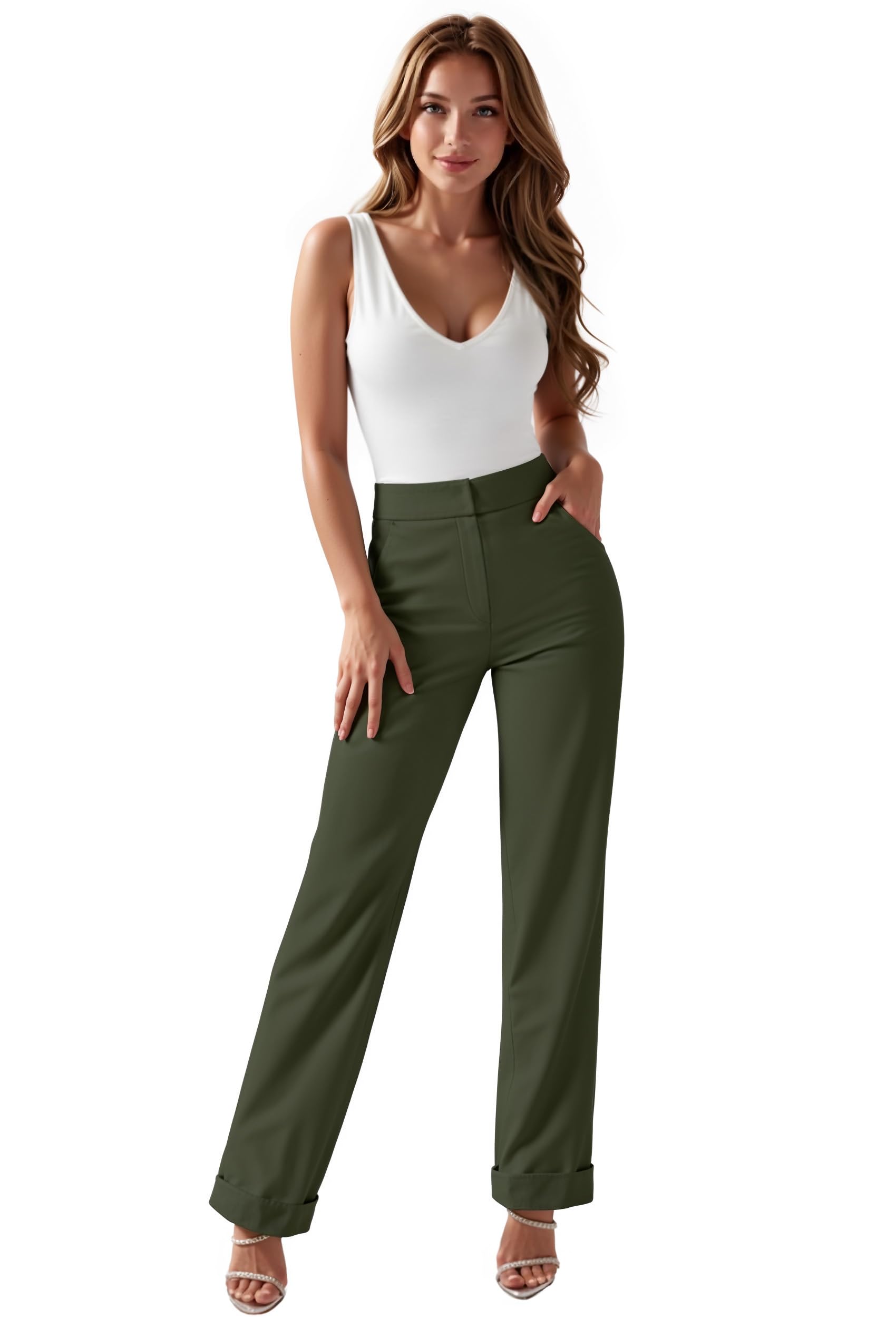 Photo 1 of & Company Womens High Waist Refined Straight Leg Fit Pants Business Casual Trousers with Pockets P5324SLNW Olive L