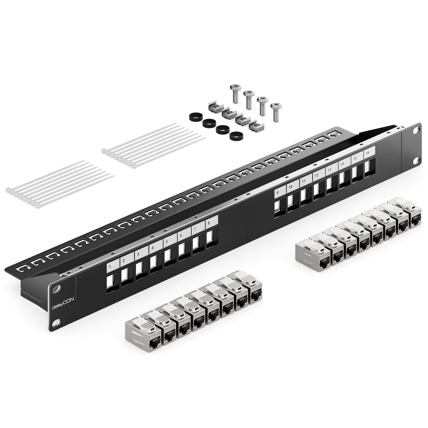 deleyCON 16 Port CAT 7 Patchpanel Pole Modularne 1 HE + 16x Złącze RJ45 (Gniazdo na Gniazdo) Moduł Keystone CAT 7-19" Zoll Montaż w Szafie Serwerowej Kompatybilne z CAT6 CAT7 CAT8 Patchkabel Czarny