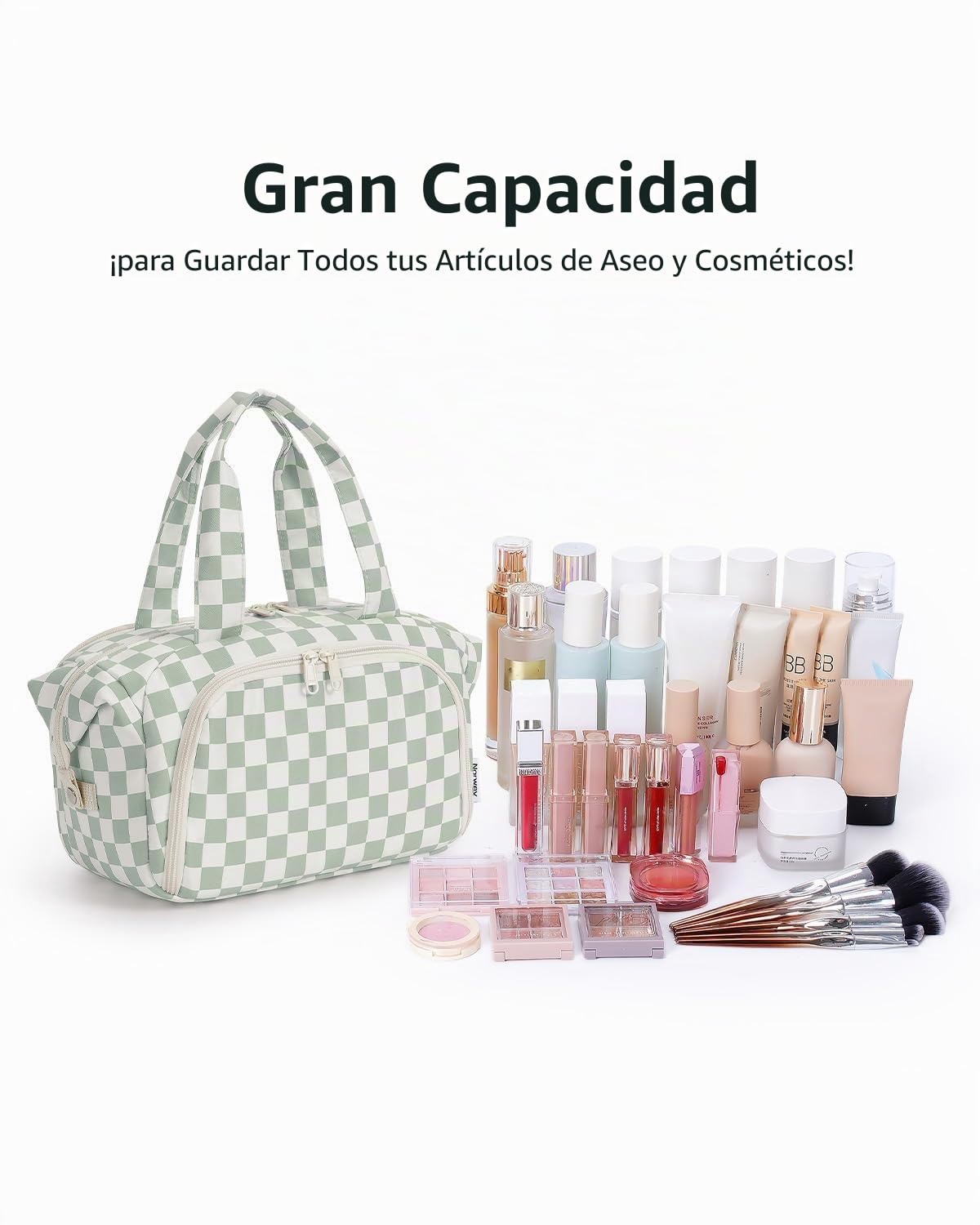 Narwey Neceser de Viaje para Mujer, Bolsa de Aseo Grande, Organizador de Maquillaje Portátil para Artículos de Aseo Tamaño Completo Viajes Accesorios (Rayas Verde Menta)