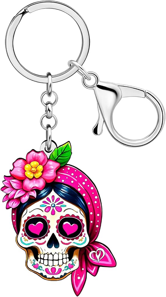 DUOWEI Day of the Dead Sugar Skull Keychain Bag Charms for Handbags Spooky Key Chain Halloween Gifts for Women Accessories
