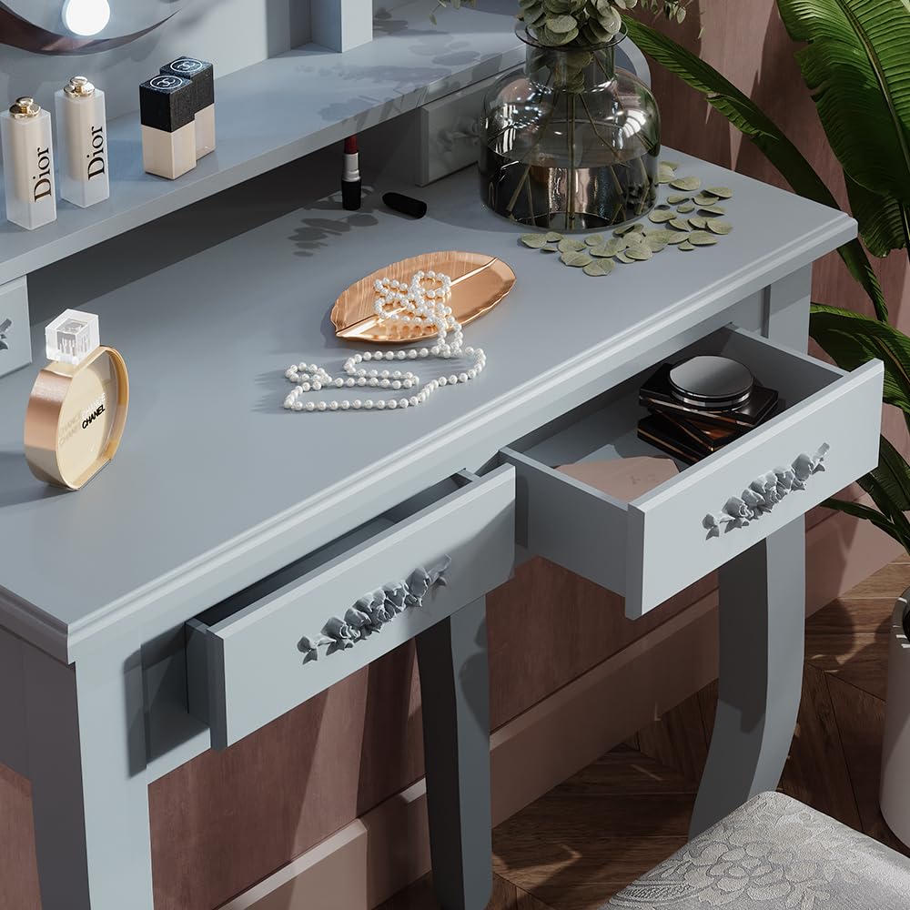 Vicco Schminktisch Maggie, Grau, 75 cm | mit LED Beleuchtung und Hocker, Vintage-Design verleiht jedem Raum Charakter und Charme