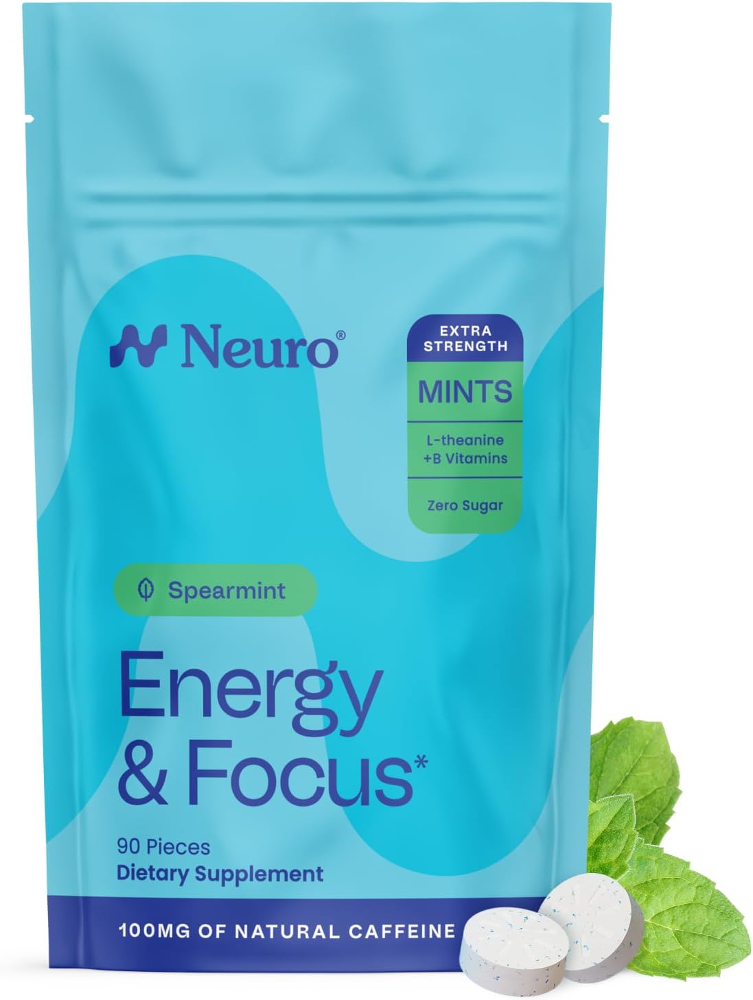 Energy & Focus Mints, Extra Strength - Sugar Free Breath Mints with 100mg Natural Caffeine, B Vitamins & L-Theanine - Vegan Brain Supplement for Exercise, Study & Daily Focus - Spearmint, 90 ct