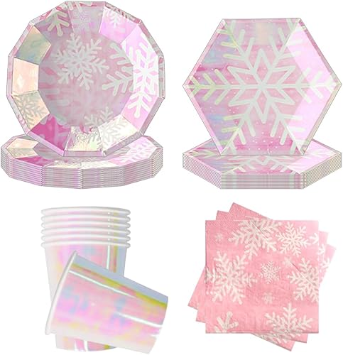 Miniatura 6 de Juego de suministros de fiesta de copo de nieve de Navidad sirve 16, suministros de fiesta temática rosa iridiscente, platos de papel de copo de