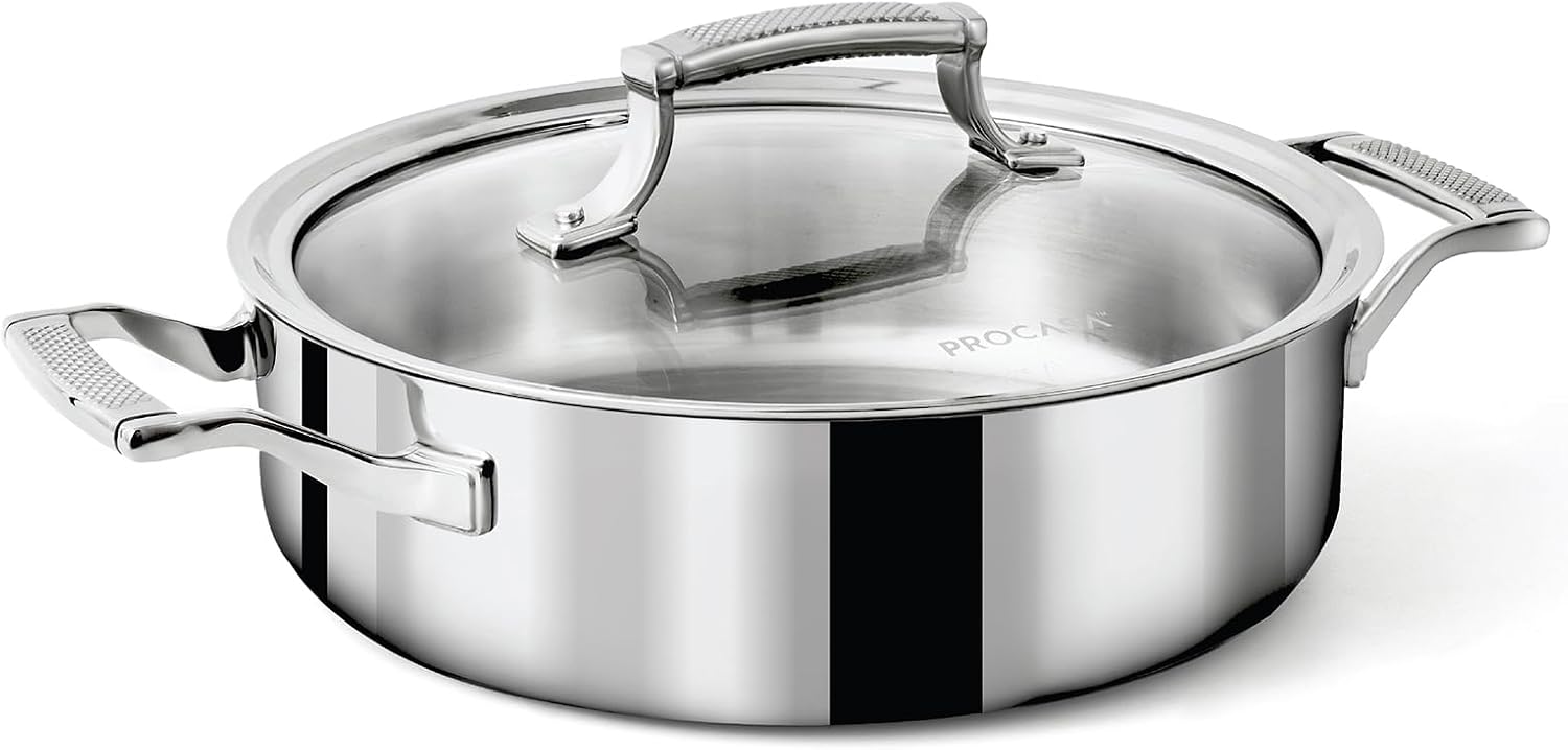 3 Quart Braiser Pan with Lid - Fully Clad Tri Ply Stainless Steel Saute Pan - Heat Resistant Handles - Coating-Free, PFAS-Free Non Toxic Cookware - Induction, Oven & Dishwasher Safe