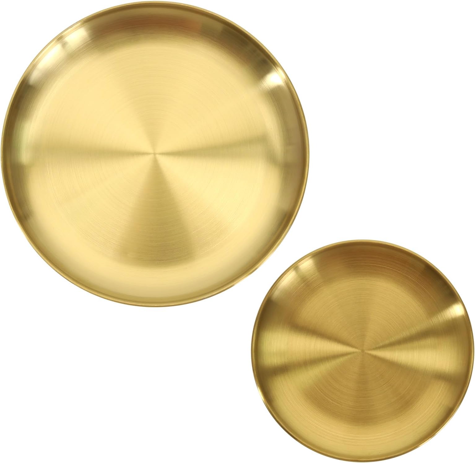 Micro Traders Pack of 2 Gold Tray Round Storage Tray Stainless Steel Round Tray Golden Circular Decorative Plate for Living Rooms Bathrooms Hotels Restaurants