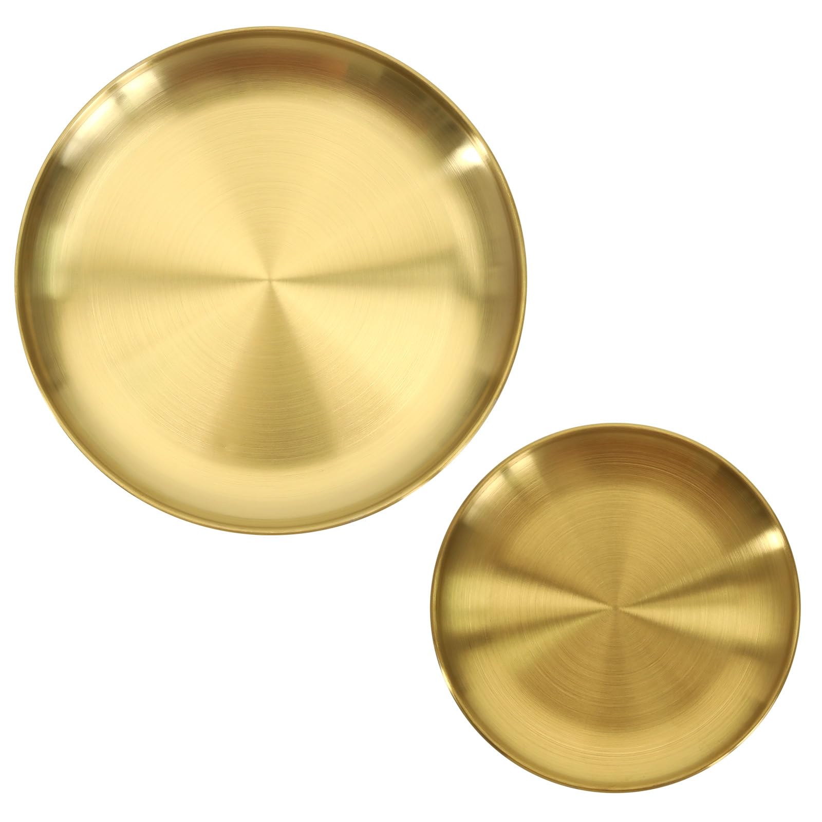 Micro Traders Pack of 2 Gold Tray Round Storage Tray Stainless Steel Round Tray Golden Circular Decorative Plate for Living Rooms Bathrooms Hotels Restaurants