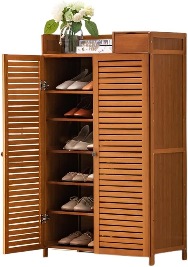 Shoe Rack Bamboo Shoe Cabinet Floor Storage Container with Storage Shelves for Entryway Bathroom Living Room Free Standing Shoe Racks(67x32x115cm)