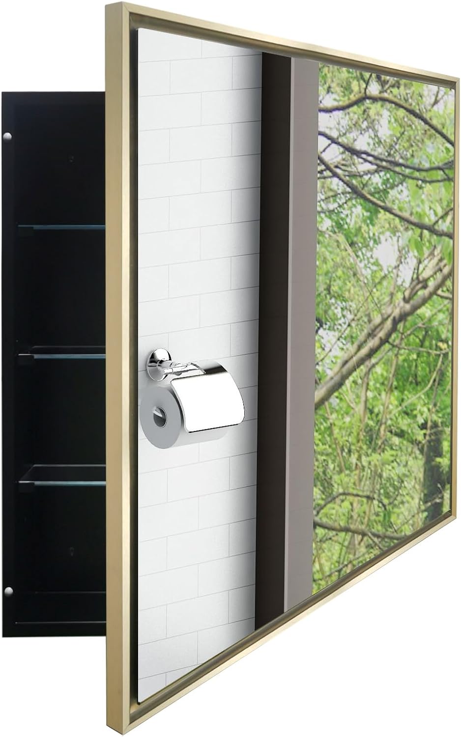 24"x24" Medicine Cabinet with Aluminum Framed Mirror,Surface Mount or Recessed Mount Bathroom Vanity Mirror,Single Door Bathroom Medicine Cabinet with Mirror,Gold