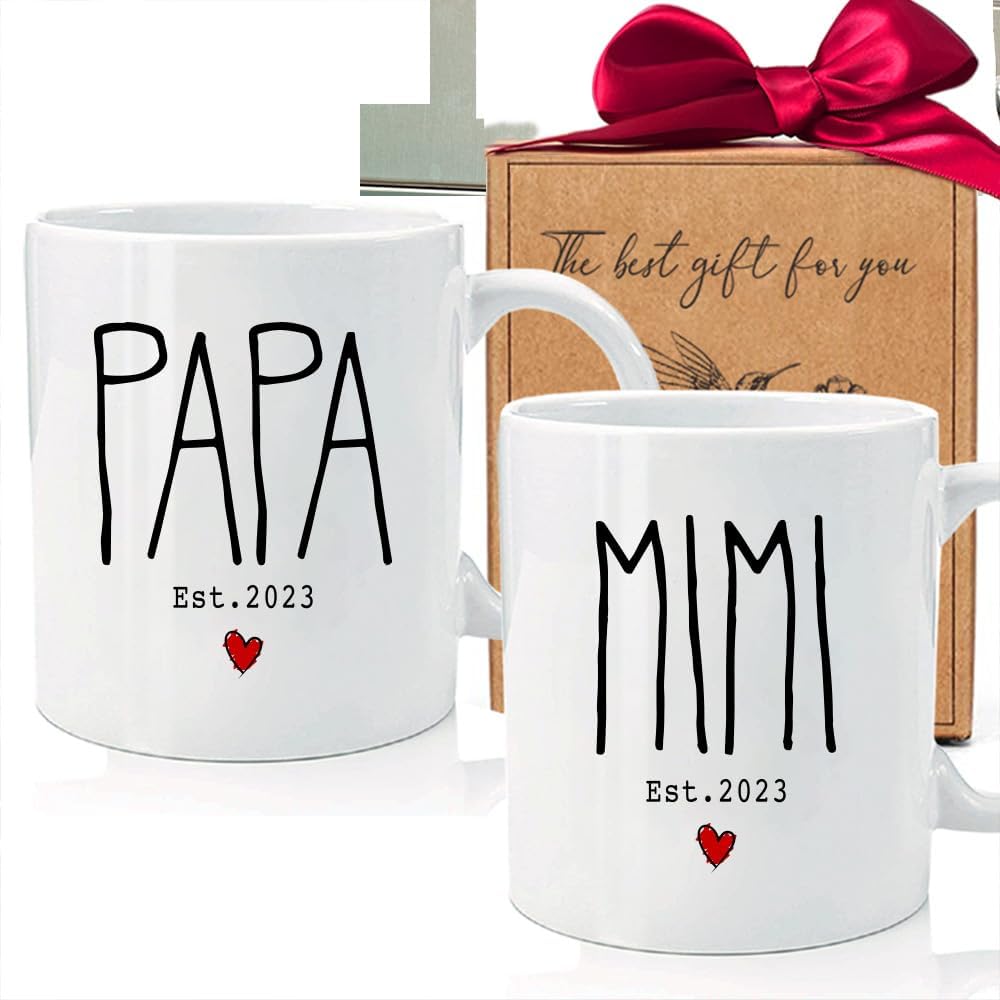 Qupoomafu Est 2023 Grandparent Gifts, Mimi & Papa Grandparents Coffee Mugs Set