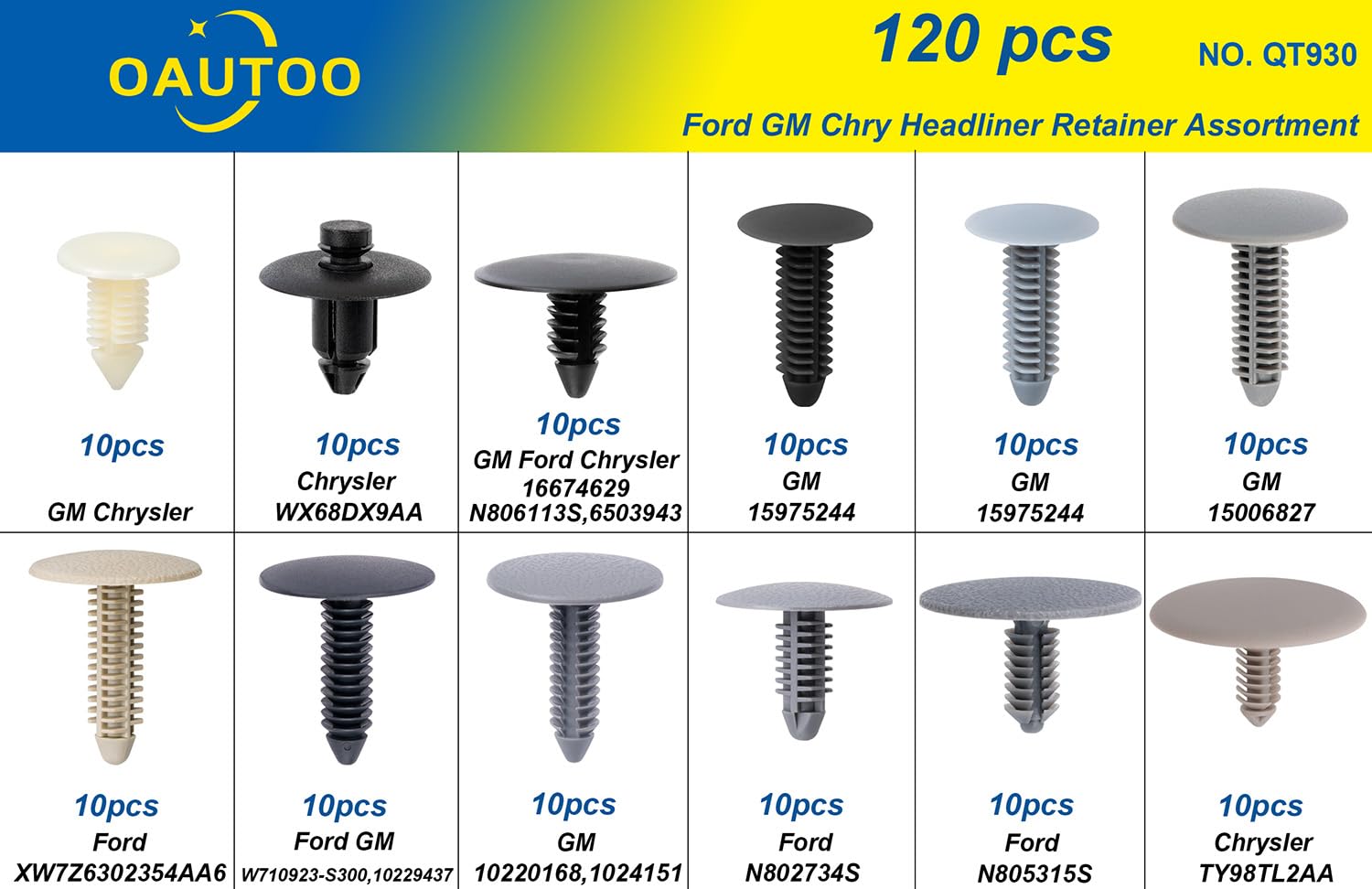 OAUTOO 120pcs Roof Headliner Retainer Clips Assortment for GM Ford Chrysler