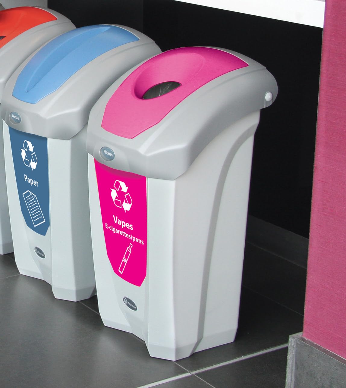 Glasdon Nexus® 8 Gallon Vape Recycling Bin (Grey, Pink Decal and Round Aperture) – Sturdy and Long-Lasting Vape Disposal Solution