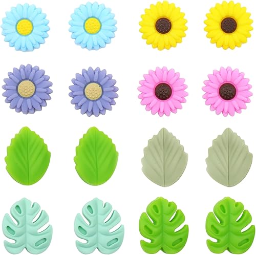 16 tapones de aguja de tejer, lindos tapones de silicona para tejer hojas, margaritas y flores de sol, aguja de punto, protectores de punto de aguja