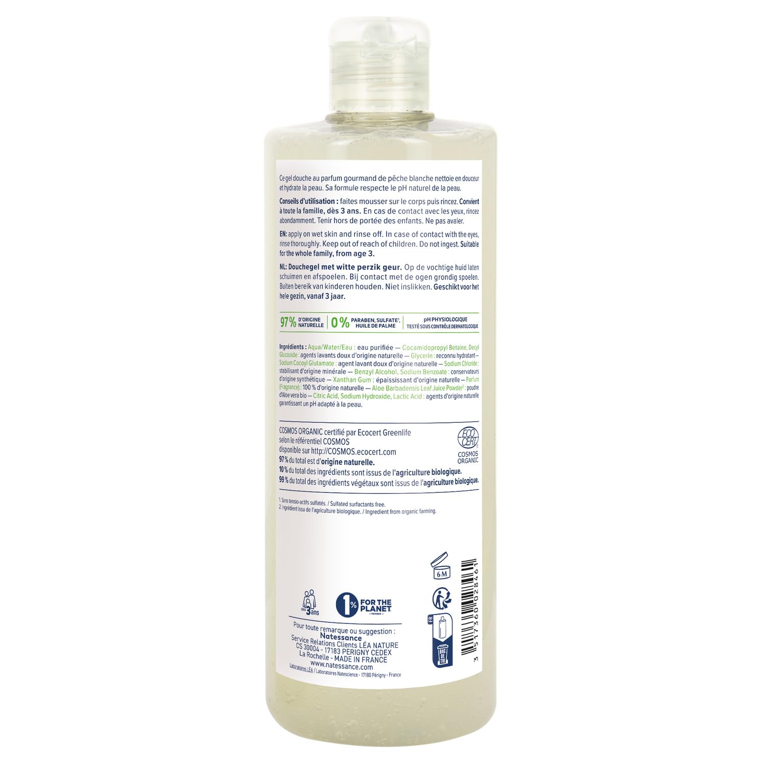 Gel douche bio parfumé pêche blanche pour un nettoyage doux et gourmand au quotidien — NATESSANCE — 500 mL - Lot de 3