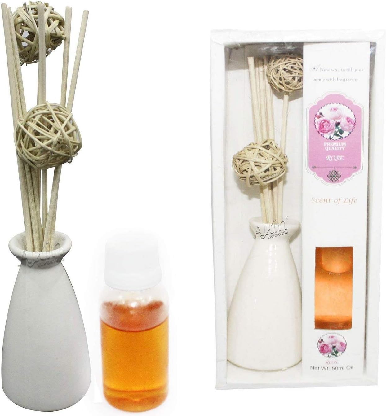 Allin Exporters 8 pcs Reed Diffuser with Ceramic Pot and 50ml Aroma Oil Combo Pack (Rose)