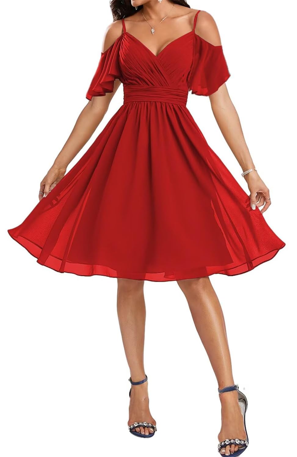 HPPEE Red Short Bridesmaid Dresses for Juniors A Line Wedding Guest Dress Chiffon Knee Length Formal Gown UK10