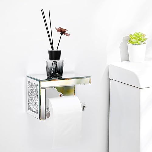 Miniatura 4 de TACIDON Portarrollos de papel higiénico de diamante con estante espejado. Soporte de papel higiénico moderno plateado montado en la pared, soporte