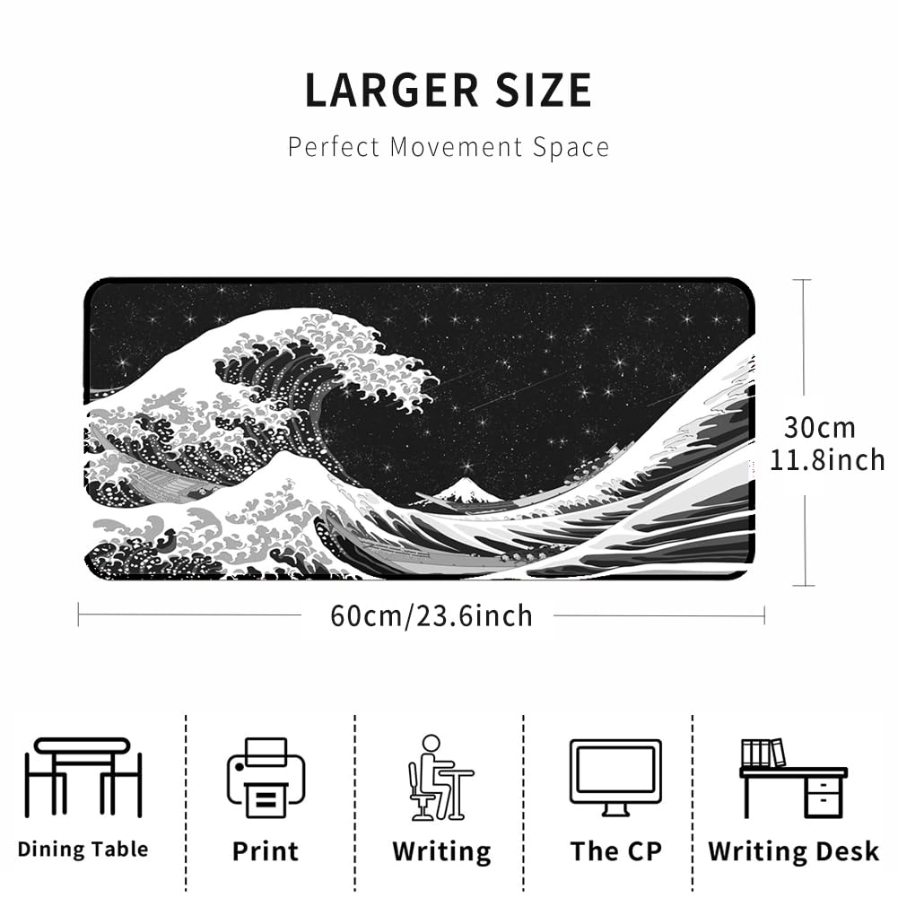 Japanese Gaming Mouse Pad Abstract Black Mouse Pad 31.5x11.8 Inch Black Sea Wave Texture Non - View #5